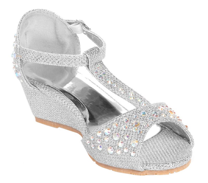 Olivia K Girls Glitter and Rhinestone Open Toe Wedge Heel (Toddler/Little Girl), SILVER Y3 - Image 2